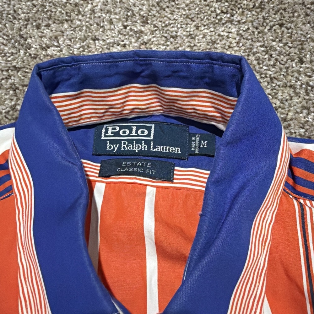 POLO By Ralph Lauren mens Medium Orange Blue Stripe Long Sleeve Button Up Shirt